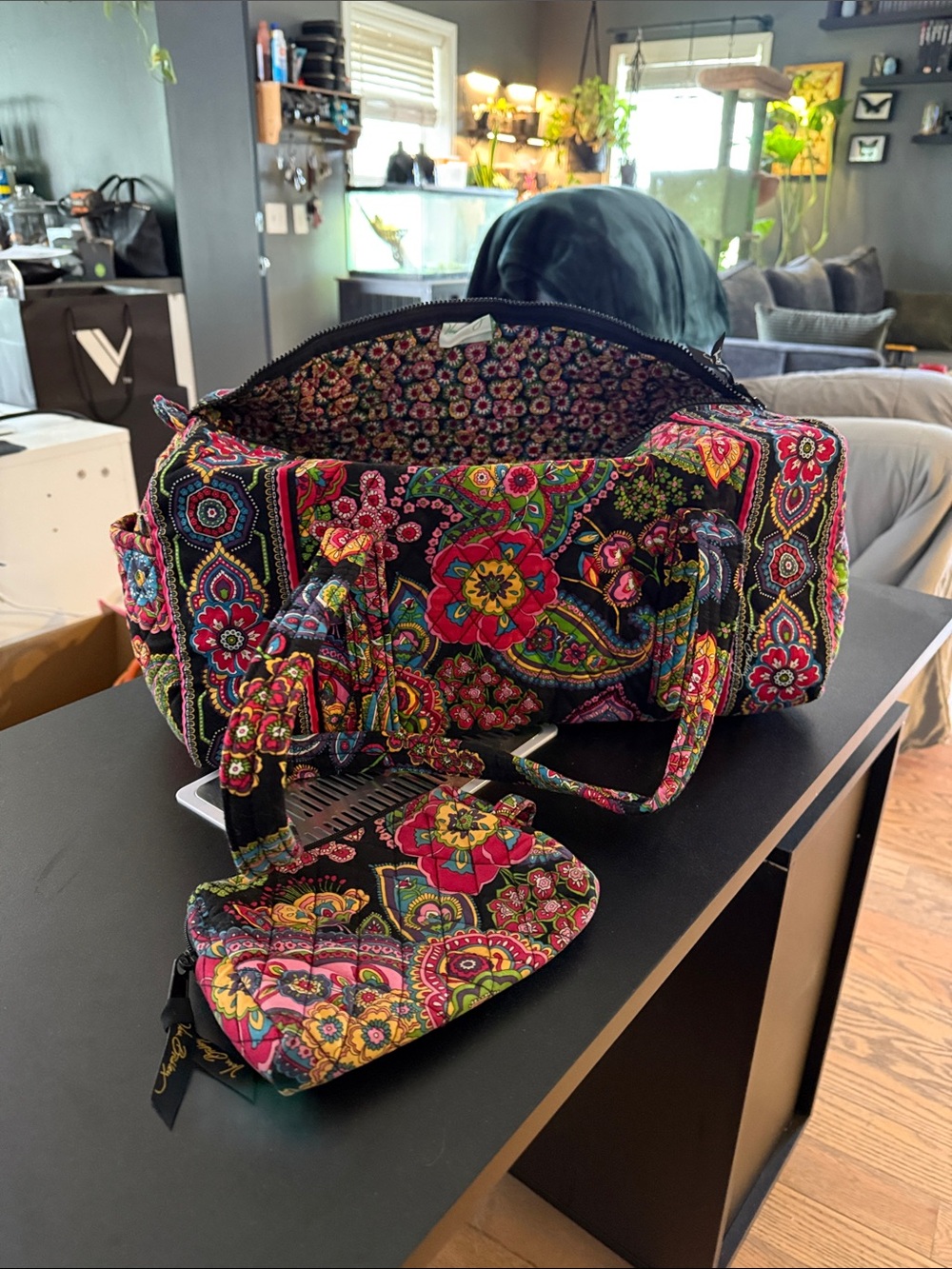 Vera Bradley Black Multicolor Quilted Floral Weekender Bag